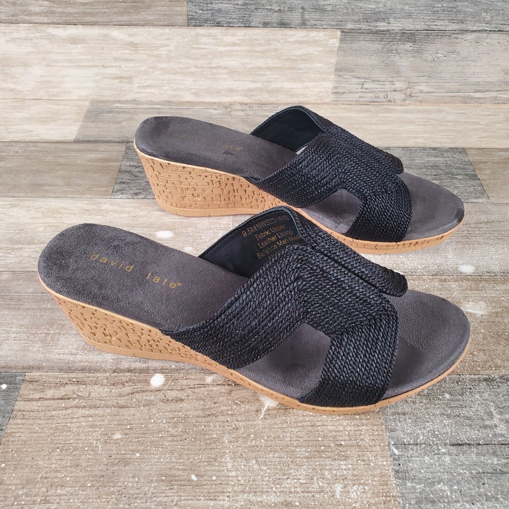 David Tate Vibe Womens Sandals Sz 9.5 M Black Rayon Fabric Slip On Wedge Heel